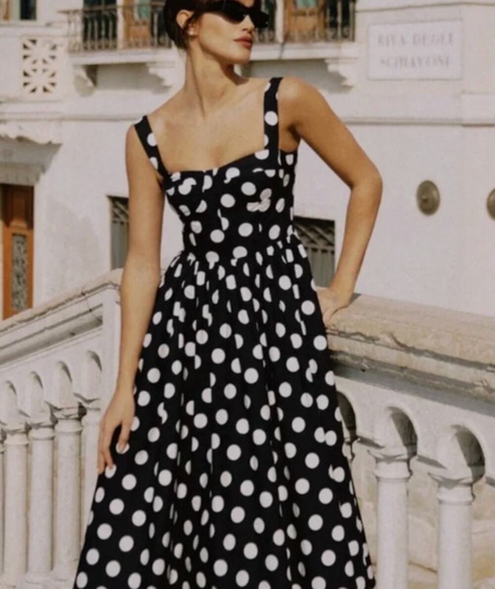 SANS FAFF Sz S Small Antibes Black White Polka Dot Midi Dress